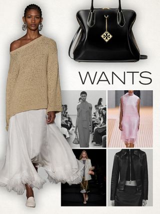 A collage of "wants" including a Tove skirt, a Tory Burch bag, a Proenza Schouler dress, Prada shoes, an Altuzarra skirt, and a Mango set.