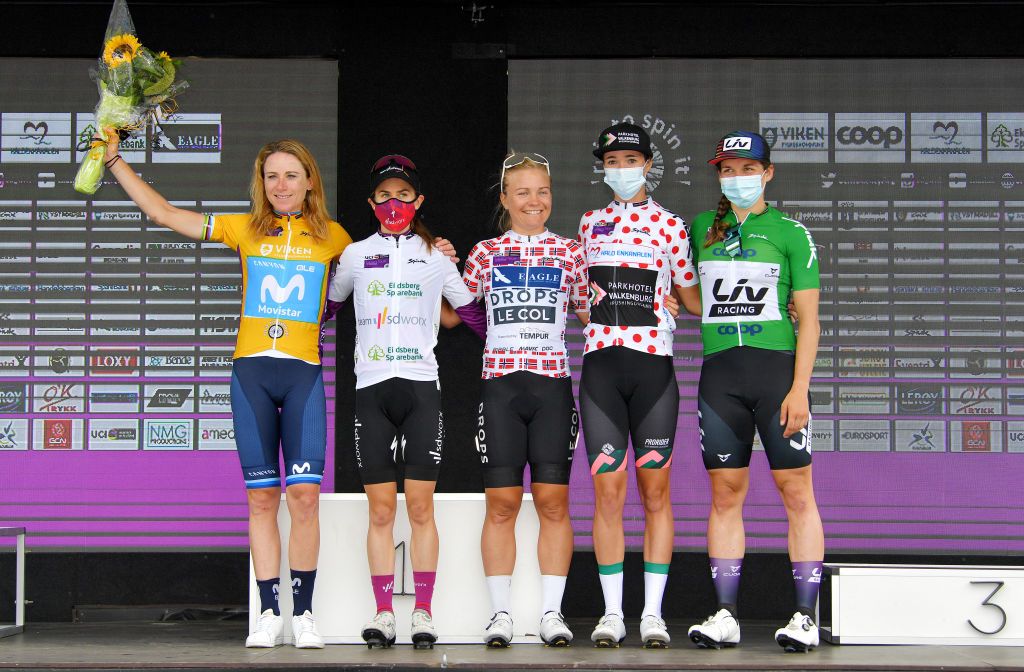 HALDEN NORWAY AUGUST 15 LR Annemiek Van Vleuten of Netherlands and Movistar Team Women yellow leader jersey Niamh FisherBlack of New Zealand and Team SD Worx white best young jersey Emilie Moberg of Norway and Team DropsLe Col Supported By Tempur Best Norwegian Jersey Nina Buysman of Netherlands and Team Parkhotel Valkenburg polka dot mountain jersey and Alison Jackson of Canada and Team Liv Racing Green Points Jersey celebrate on the podium ceremony after the 7th Ladies Tour Of Norway 2021 Stage 4 a 1416km stage from Drbak to Halden LTourOfNorway LTON21 UCIWWT on August 15 2021 in Halden Norway Photo by Luc ClaessenGetty Images