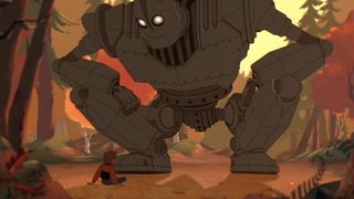 The Iron Giant kneels before Hogarth in The Iron Giant