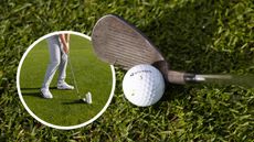 A close up image of a shank, where the golf ball is making contact with the hosel of the golf club, with an inset image of Top 50 Coach Ged Walters demonstrating the simple water bottle drill to fix