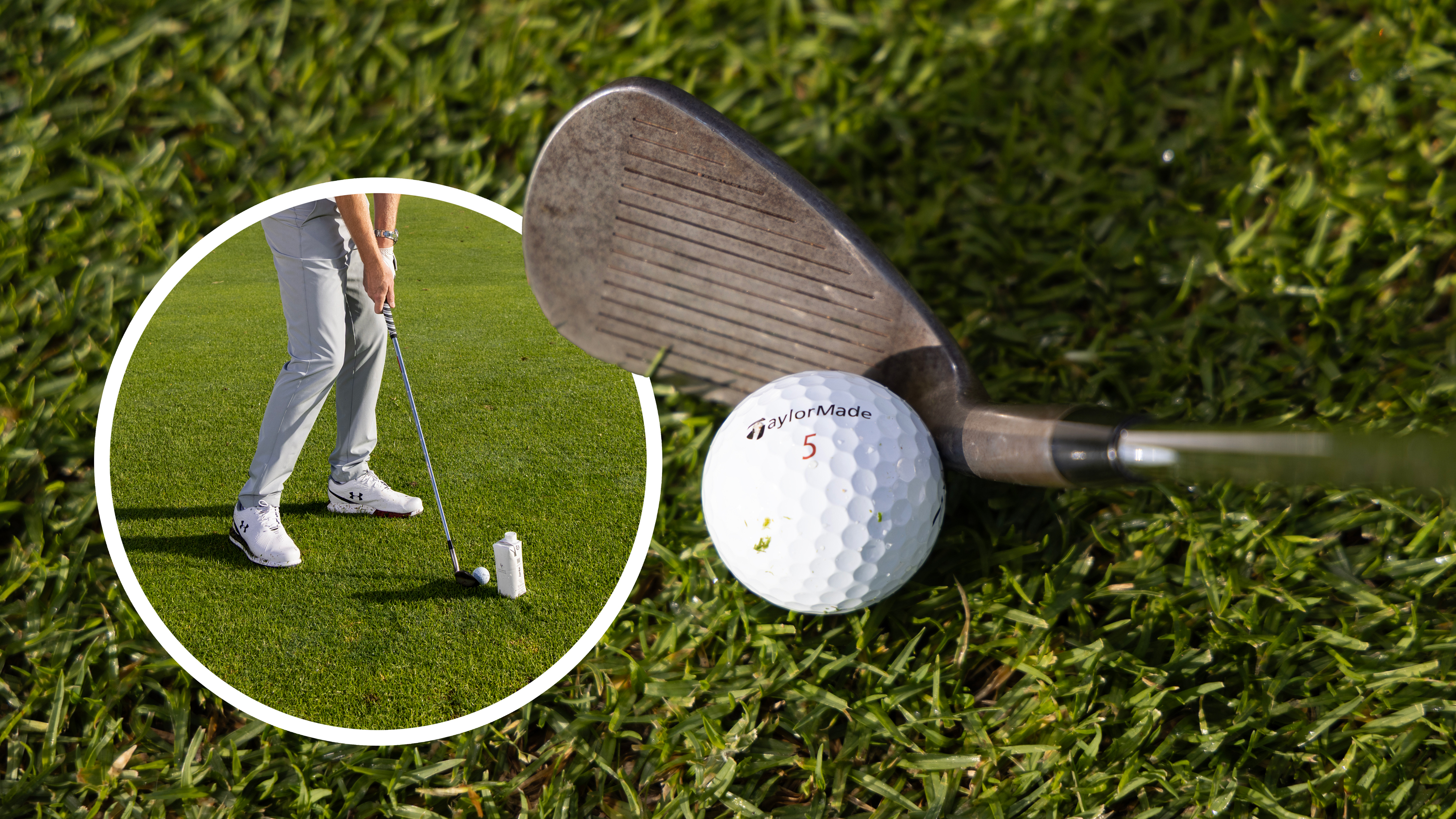 A close up image of a shank, where the golf ball is making contact with the hosel of the golf club, with an inset image of Top 50 Coach Ged Walters demonstrating the simple water bottle drill to fix
