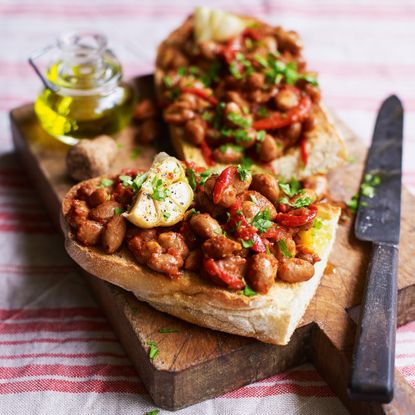 bruschetta with baked borlotti beans and roasted peppers