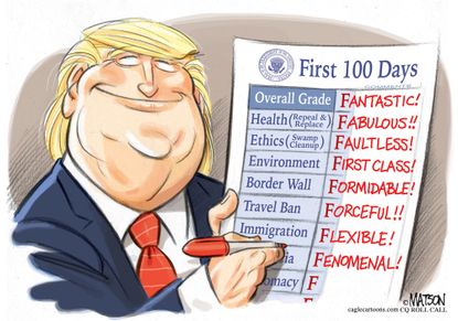 Political Cartoon U.S. Trump first hundred days report card progress