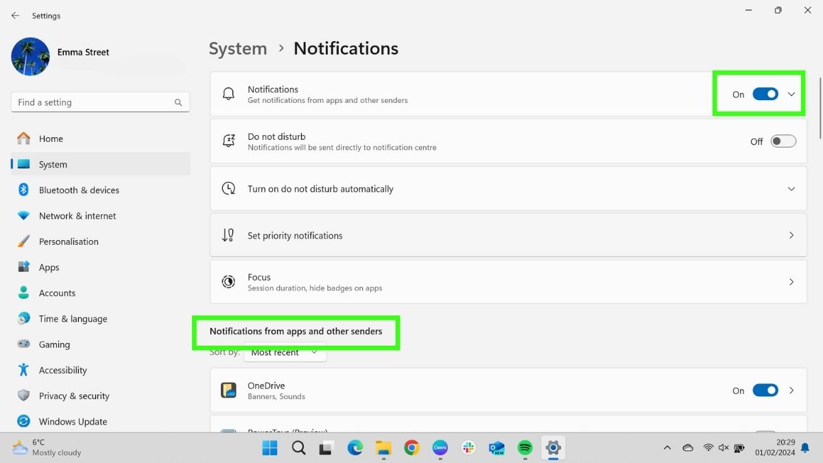 Screenshot showing methods of speeding up computer - Turn off notifications