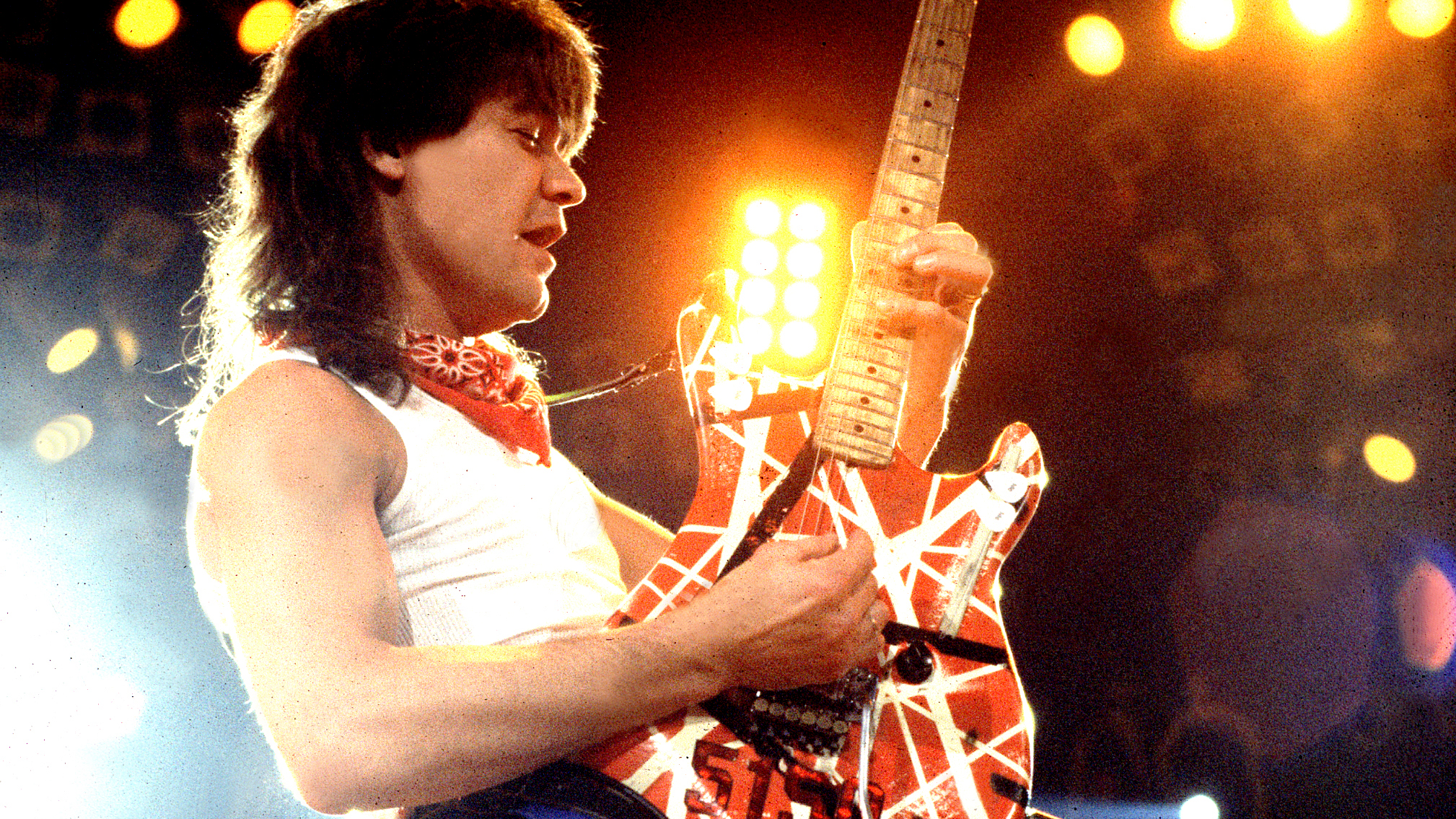 Eddie Van Halen (1955 - 2020), of the group Van Halen, performs onstage at the Rosemont Horizon, Rosemont, Illinois, March 15, 1986.