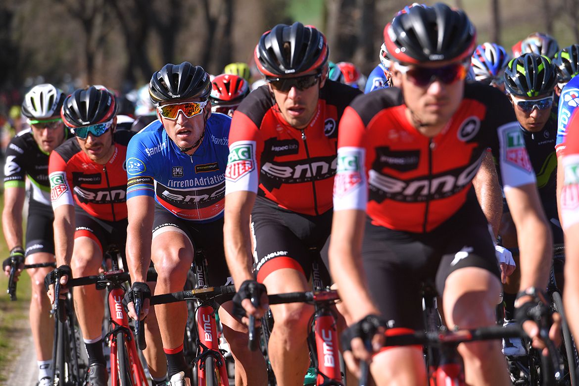 Greg Van Avermaet in blue on Stage 3 of Tirreno-Adriatico