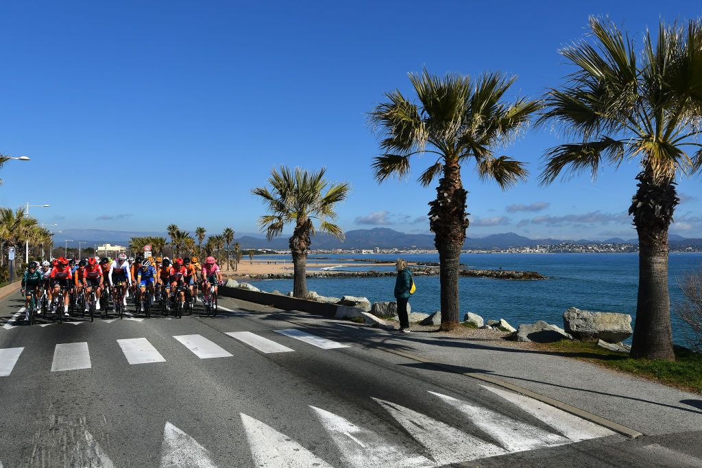 LA SEYNESURMER FRANCE FEBRUARY 18 A general view of the peloton passing through a landscape during the 54th Tour Des Alpes Maritimes Et Du Var 2022 Stage 1 a 176km stage from Saint Raphal to La SeynesurMer TDHV22 on February 18 2022 in La SeynesurMer France Photo by Dario BelingheriGetty Images