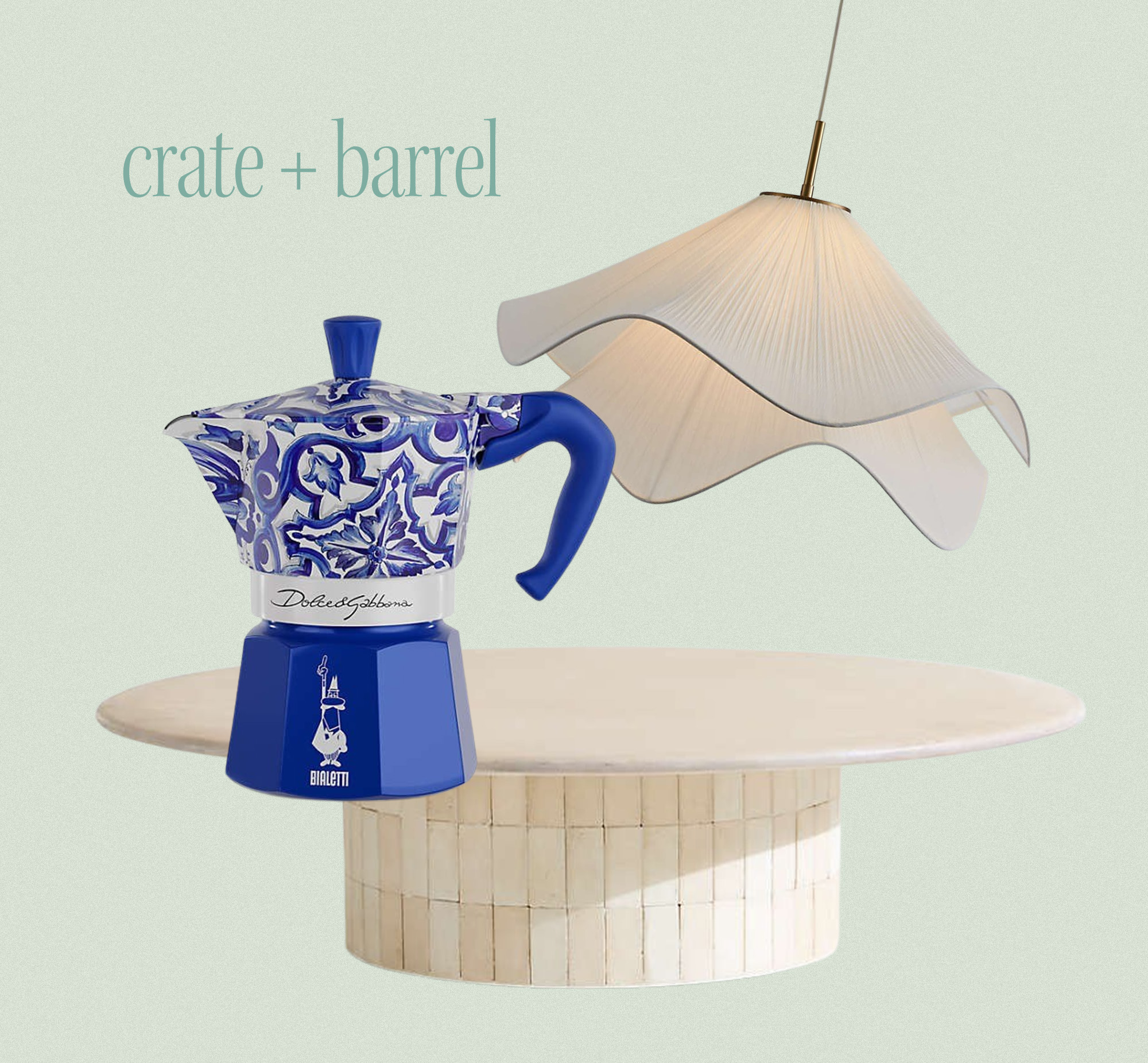 Collage of a blue-and-white espresso maker, a curved light pendant, and a white outdoor coffee table from Crate & Barrel