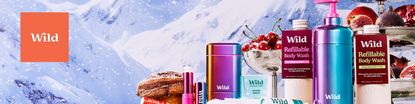 Wild logo top left with a wide image of wild products in a snowy mountain backdrop
