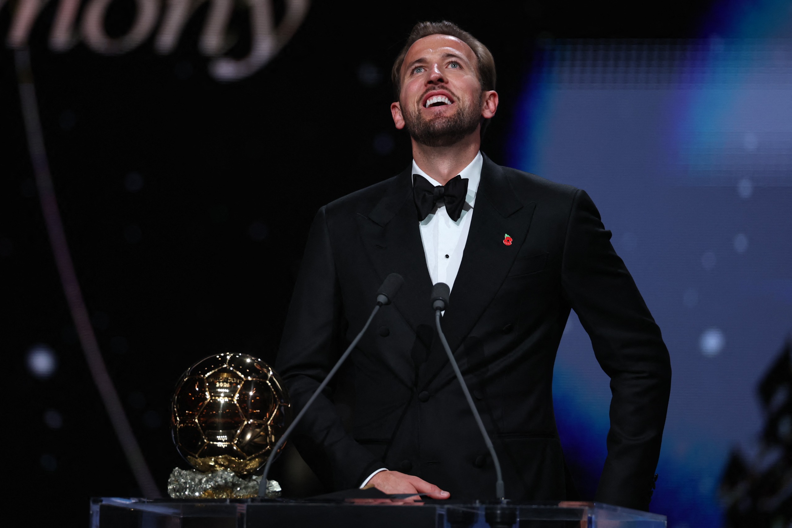 England and Bayern Munich forward Harry Kane reacts after receiving the Ballon d'Or 
