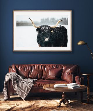 Lived-in leather sofa, vintage round coffee table, aged brass reading lamp, and large cow print wall art on dark indigo wall.