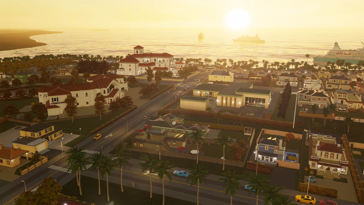 Beach front properties at sunset.