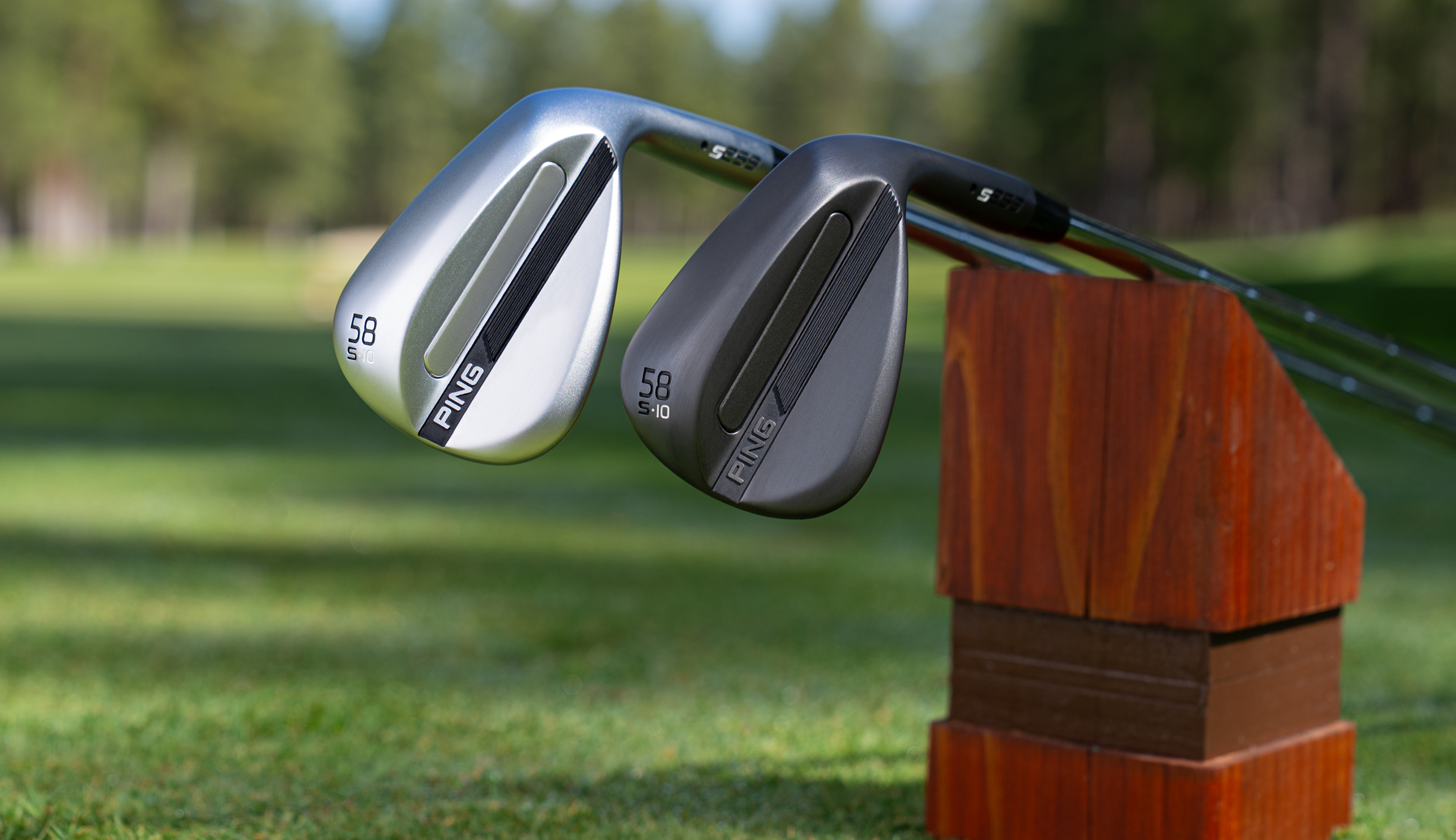Two different Ping S259 wedges resting on a tee marker