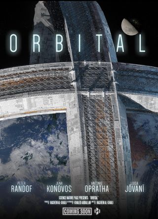 Promotional poster for "Orbital" depicting a massive orbital ring surrounding the Earth