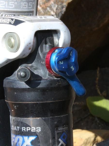 Magelky runs the ProPedal knob on his Fox RP23 rear shock at the firmest setting so it's nearly locked out when engaged.