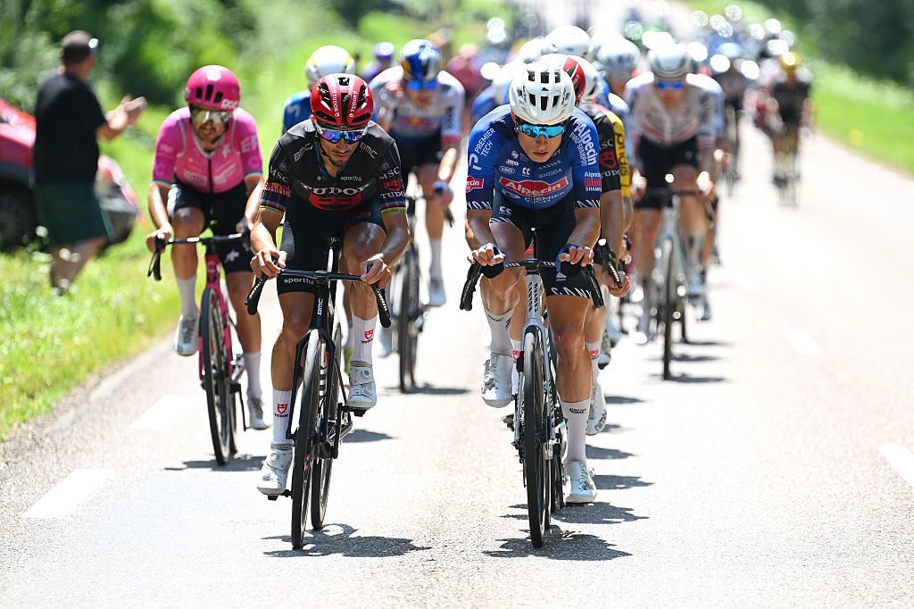BELFORT, FRANCE - JULY 17: (L-R) Julian Alaphilippe of France and Team Tudor Pro Cycling and Jasper Philipsen of Belgium and Team Alpecin-Premier Tech compete in the breakaway during the 113th Tour de France 2026, Stage 13 a 205.8km stage from Dole to Belfort / #UCIWT / on July 17, 2026 in Belfort, France. (Photo by Tim de Waele/Getty Images)