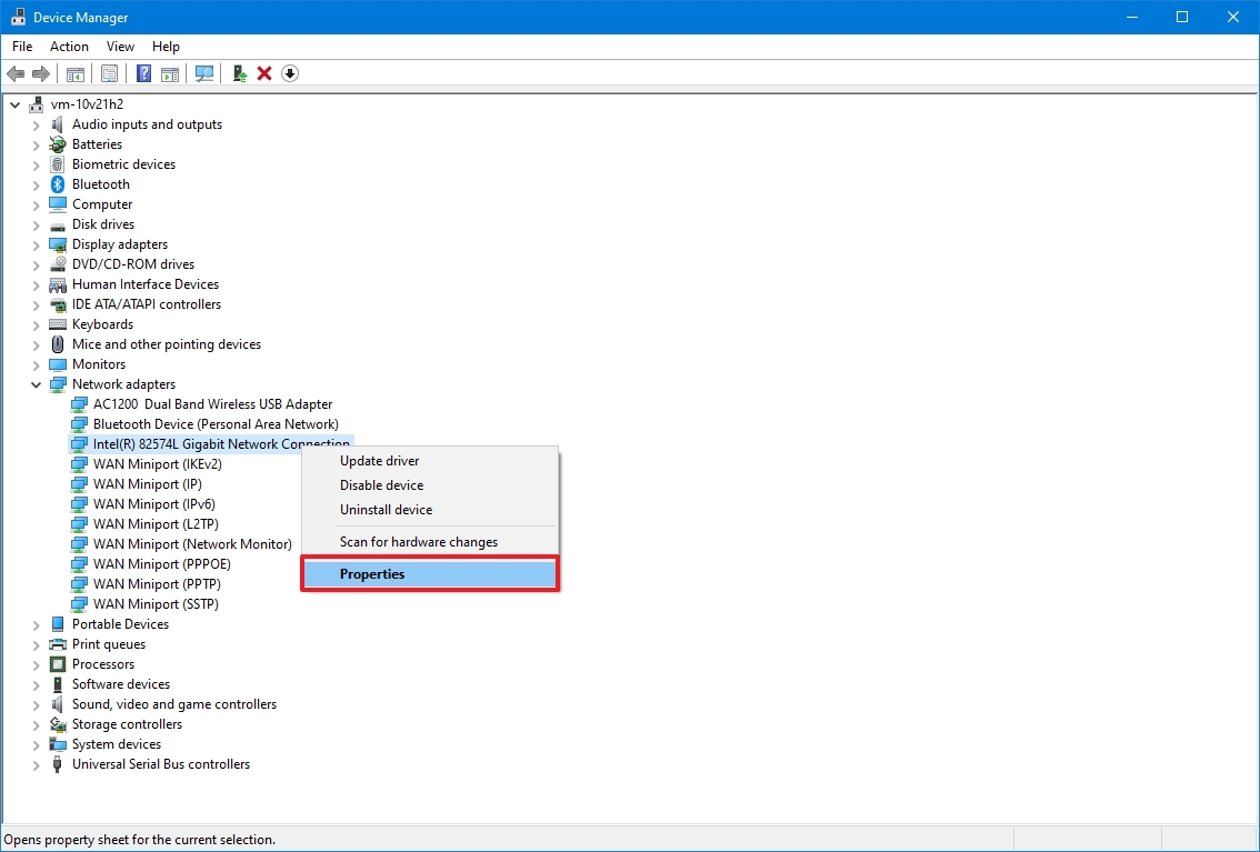 Device Manager network adapter properties