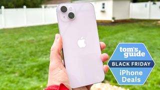 A purple iPhone 14 Plus with a Tom's Guide Black Friday iPhone deals badge