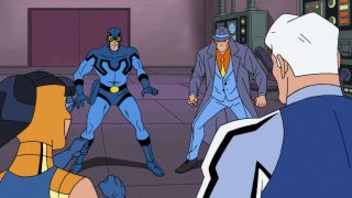 Blue Beetle and The Question facing off against Captain Atom and Nightshade in DC Showcase short