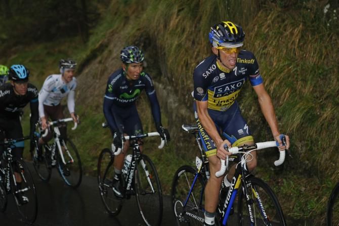 Alberto Contador (Saxo-Tinkoff) digs deep in the final kilometres of the stage to Eibar