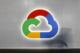 The Google Cloud Platform logo displayed on their stand during the Mobile World Congress 2023