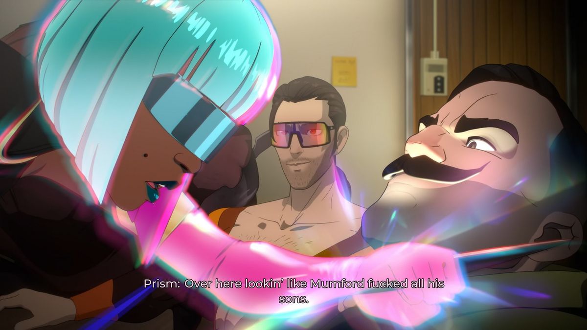 Prism argues with Punch-Up in Dispatch as Flambae looks on