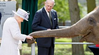 Queen Elizabeth II and Prince Philip, Duke of Edinburgh feed bananas to Donna, a 7 year old Asian Elephant, as they open the new Centre for Elephant Care at ZSL Whipsnade Zoo