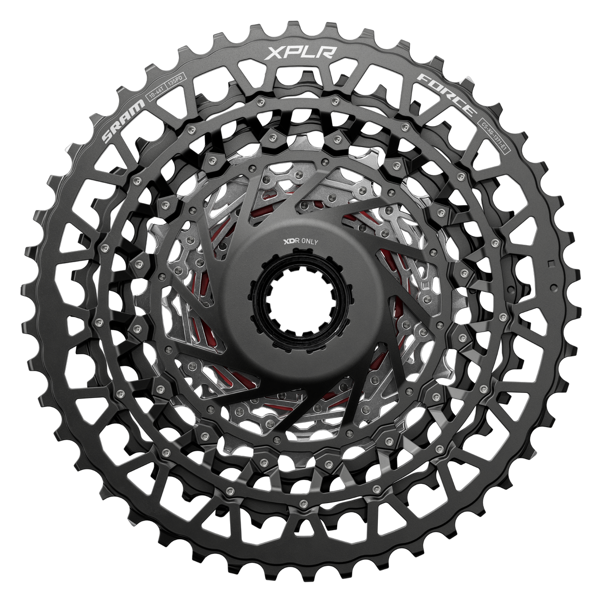 A SRAM Force XPLR cassette from the rear