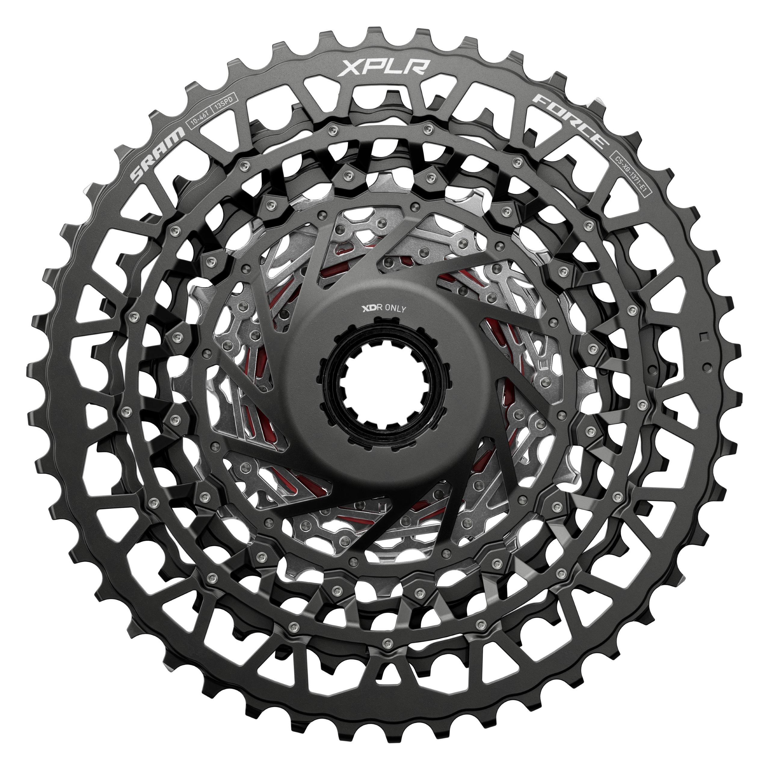 A SRAM Force XPLR cassette from the rear