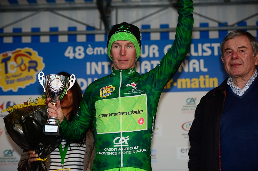 Stage 1 winner Tom-Jelte Slagter in the green jersey at Haut Var.