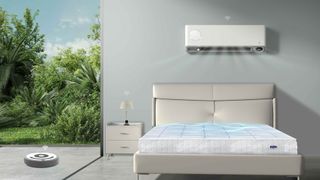 A DeRUCCI T11 Pro Smart Mattress in a bedroom, connected to a smart light and air conditioner