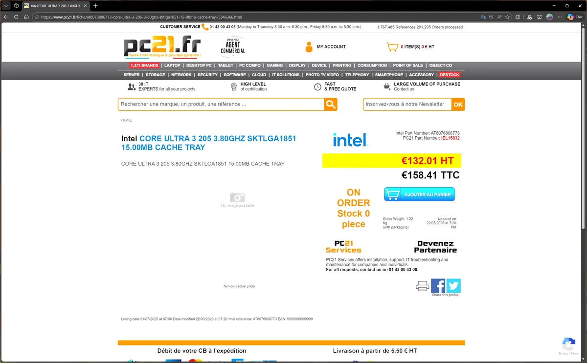 Intel's long-rumored Core Ultra 3 205 CPU finally appears for sale at French retailer — priced at $182, early listing confirms previously-known specs for the chip