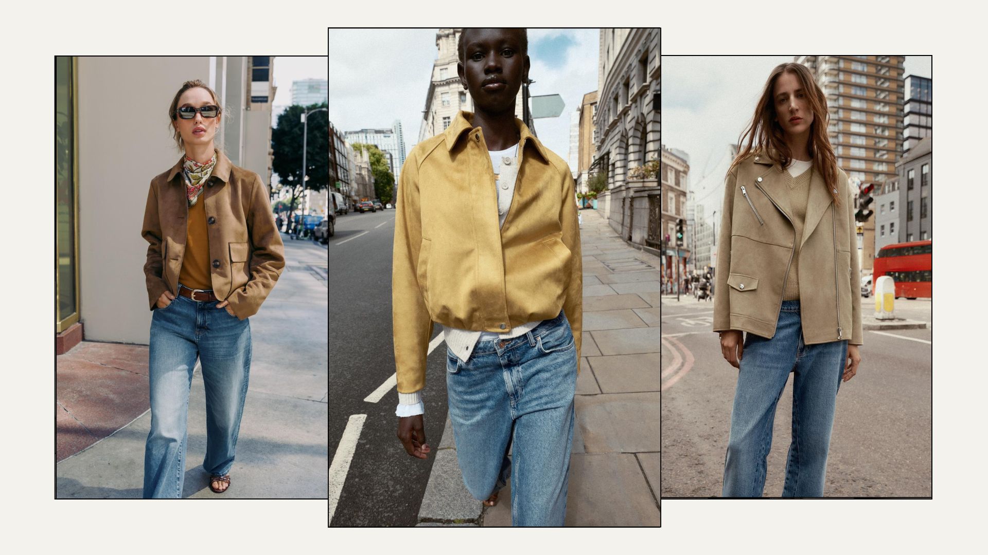 Three women wears suede jackets from Zara