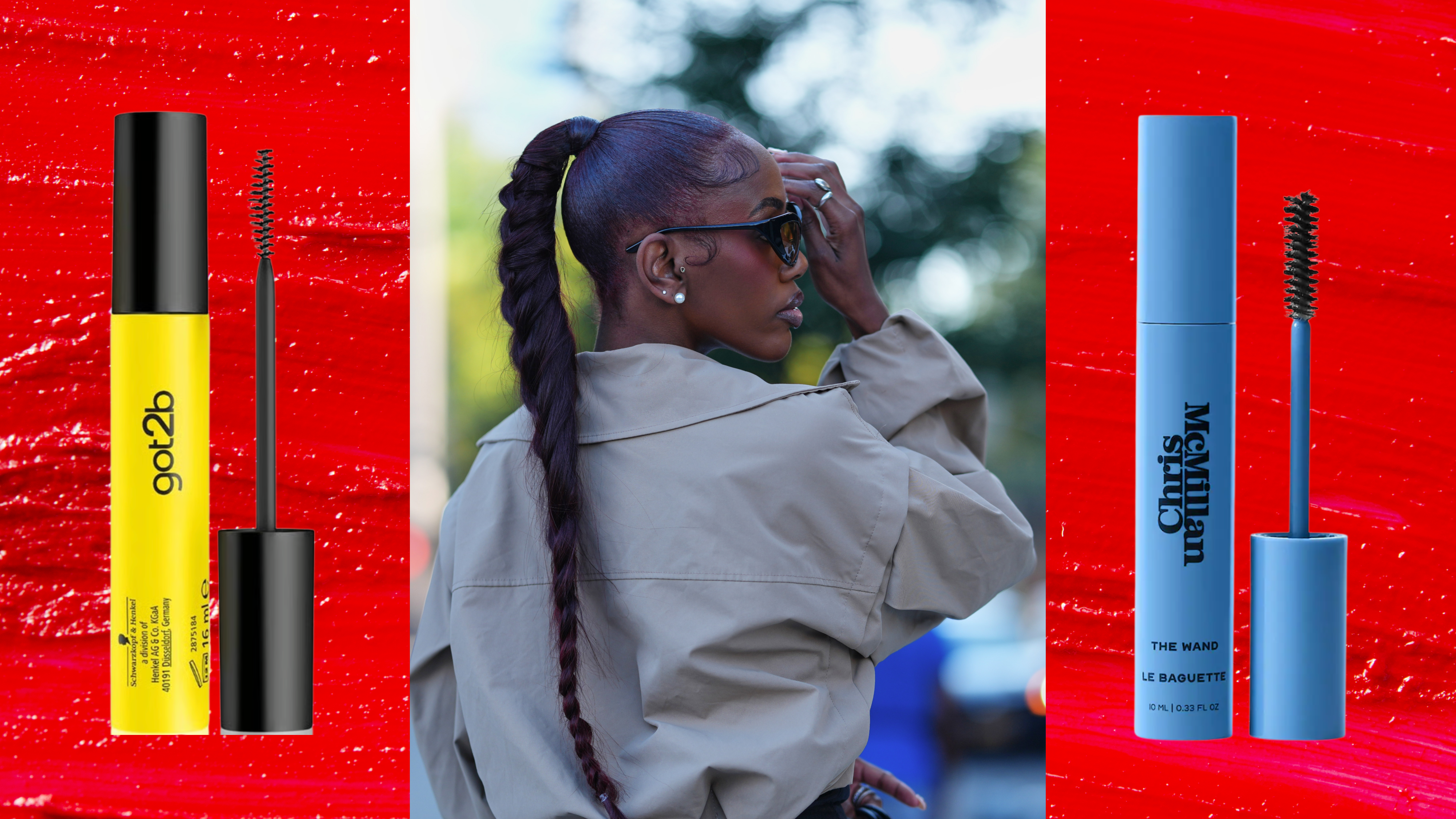 A woman with a long twisted ponytail and sculpted edges is next to two flyaway wand products. All are in front of a red background.