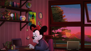 disney's minnie mouse writing notes in a bedroom
