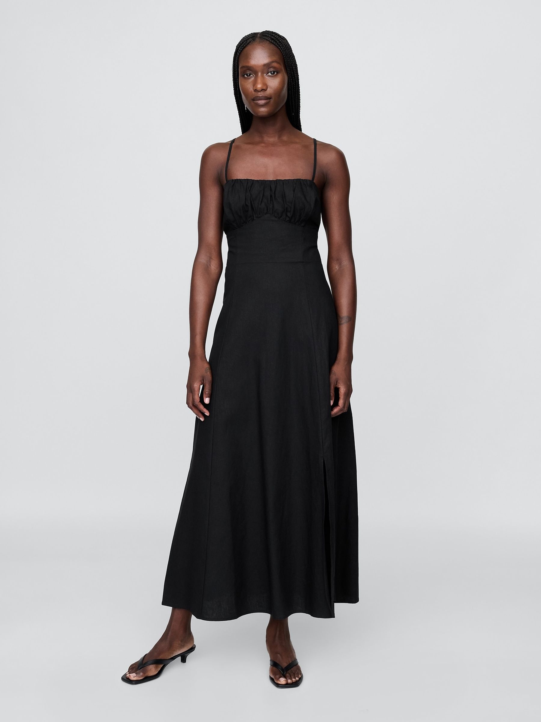 Black Linen-Blend Shirred Bodice Maxi Dress