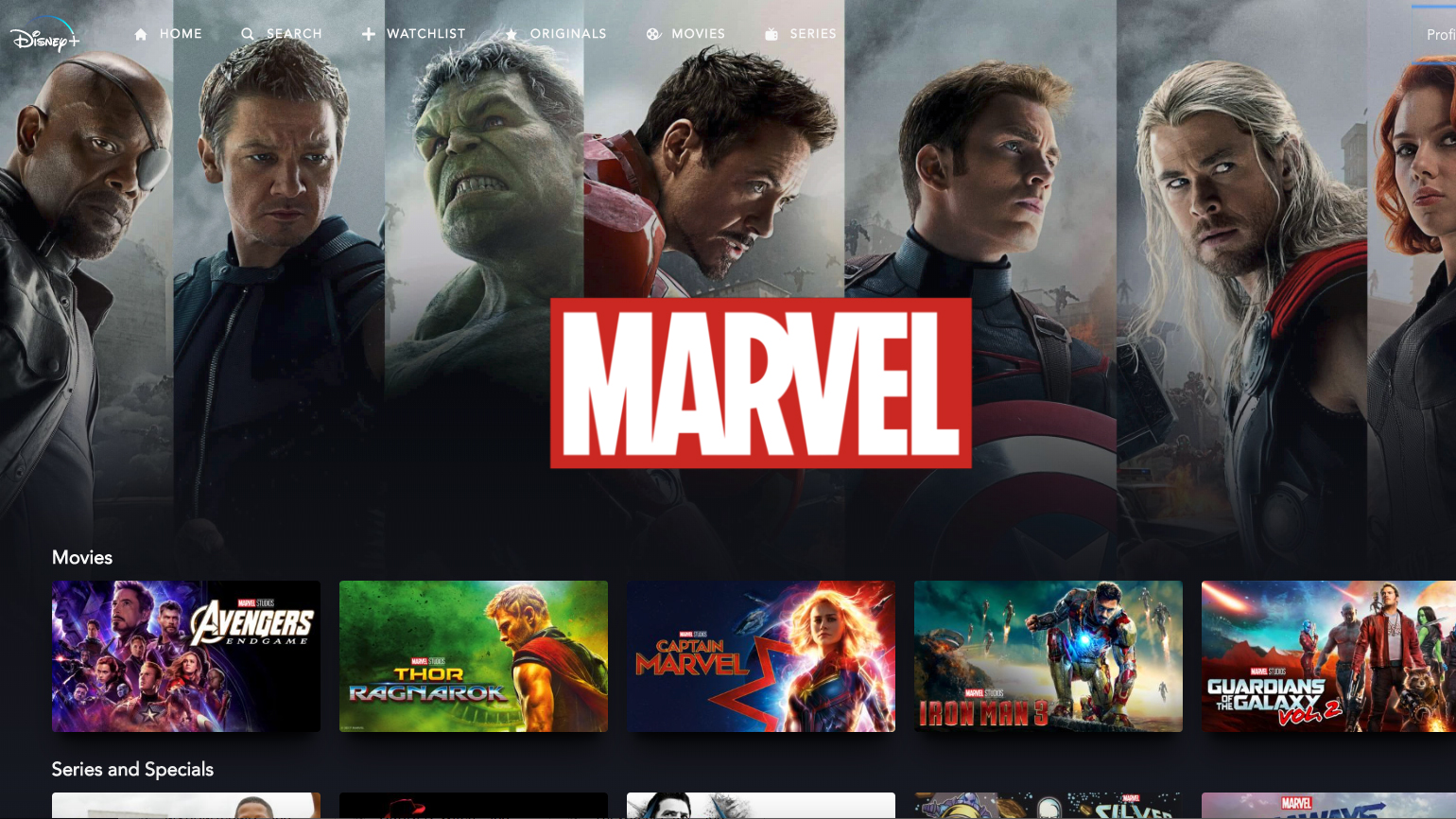 A screenshot of the Marvel movies that are available to watch on Disney Plus