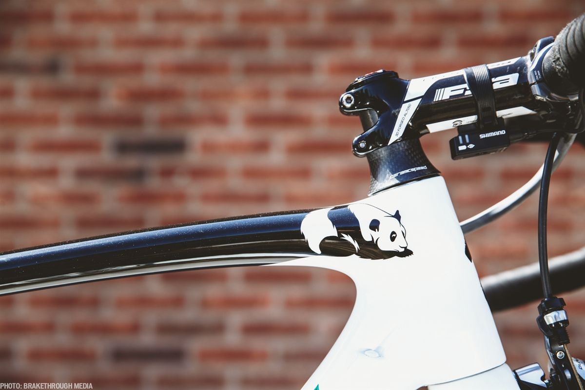 A panda nestles down in the top tube of Dan Martin's Emerald Panda Tarmac