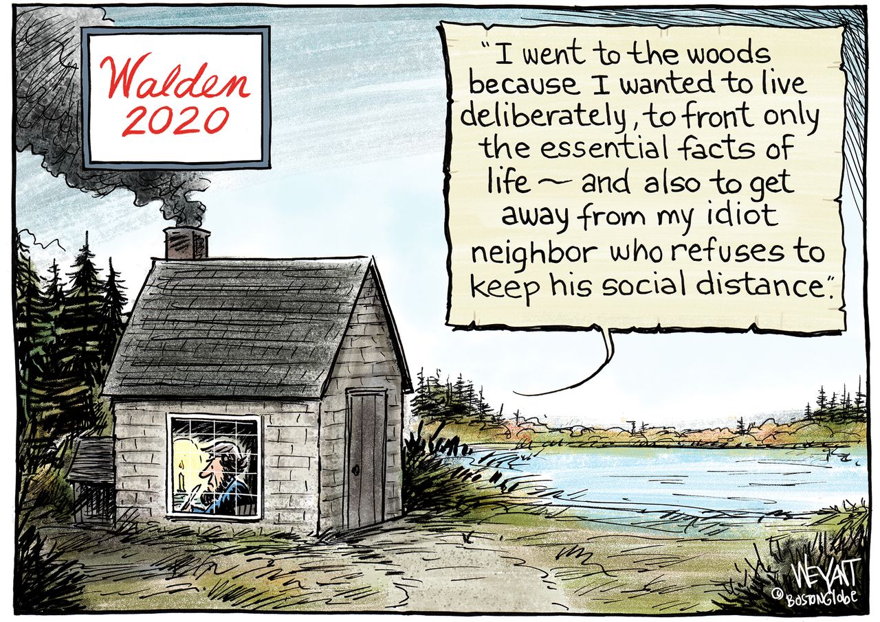 Editorial Cartoon U.S. Coronavirus Henry David Thoreau Walden Pond social distancing travel woods