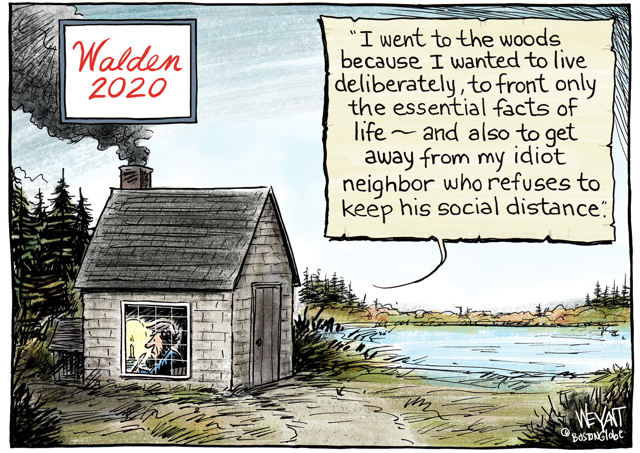 Editorial Cartoon U.S. Coronavirus Henry David Thoreau Walden Pond social distancing travel woods