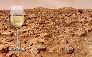 Mars landscape with inset of wineglass.