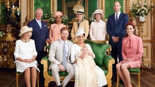 2cnr45r this official christening photograph released by the duke and duchess shows prince harry, duke of sussex and meghan, duchess of sussex with their son, archie and the duchess of cornwall, britain's prince charles, prince of wales, ms doria ragland, lady jane fellowes, lady sarah mccorquodale, prince william, duke of cambridge and catherine, duchess of cambridge in the green drawing room at windsor castle, near london, britain july 6, 2019 chris allertonpool via reuters news editorial use only no commercial use no merchandising, advertising, souvenirs, memorabilia or colourably similar no