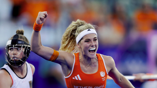 Yibbi Jansen of Holland Women celebrates ahead of the Netherlands vs China women’s hockey final at Olympics 2024