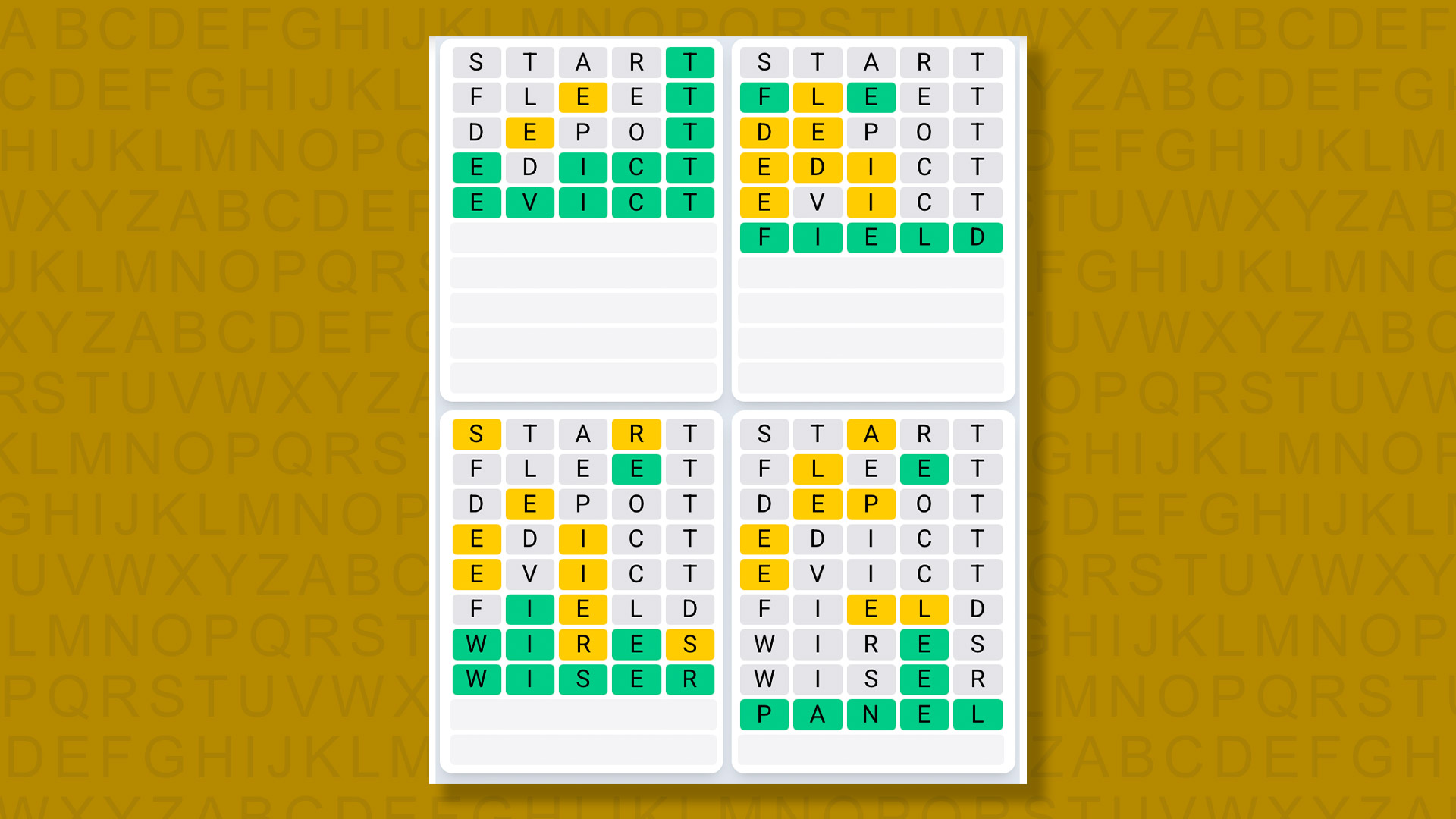 Quordle Daily Sequence answers for game 1448 on a yellow background