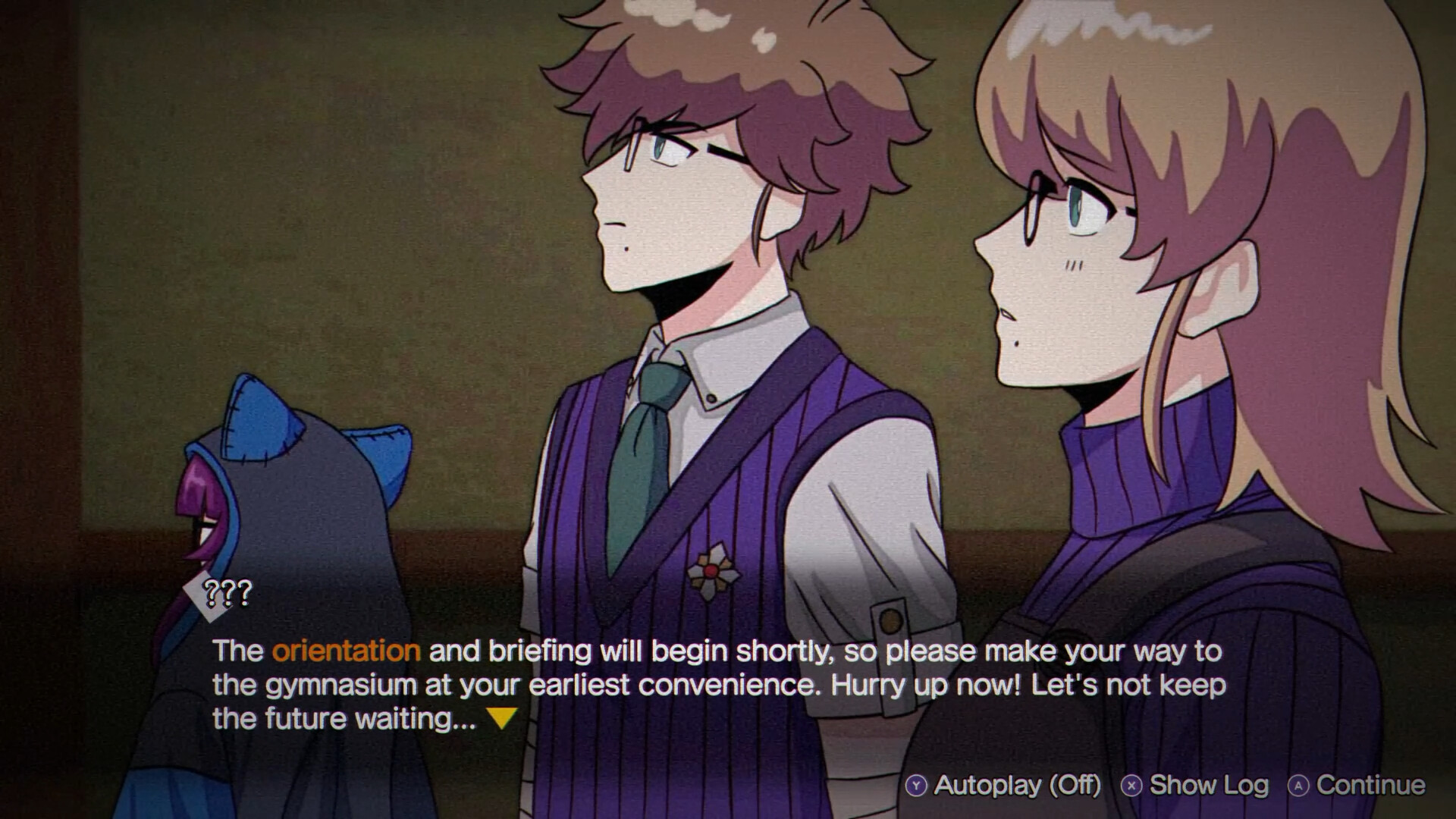 Barista Himari stands next to her brother Moichiro as they listen to an announcement broadcast requesting everyone go to the gym in Kumitantei: Old-School Slaughter