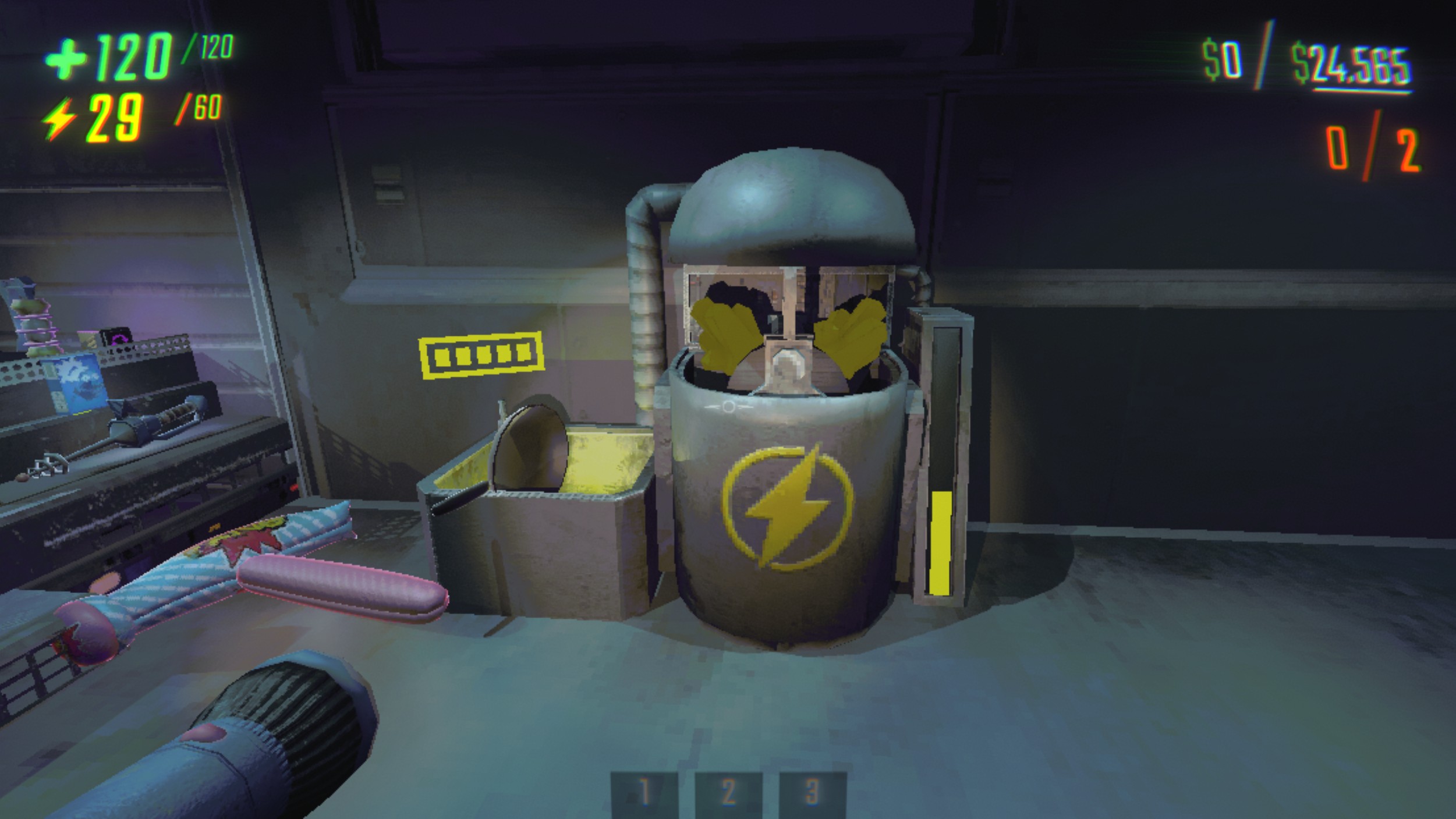 The Fry Pan weapon in REPO after it has been recharged. Inside the truck&#39;s charging station, there are a couple of crystals attached and waiting for use.