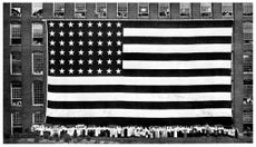 Workers beneath an American flag.