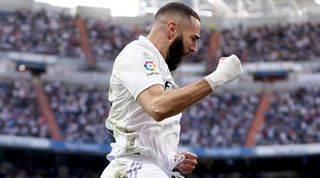 Karim Benzema of Real Madrid celebrates one of his goals against Almeria in LaLiga in April 2023.