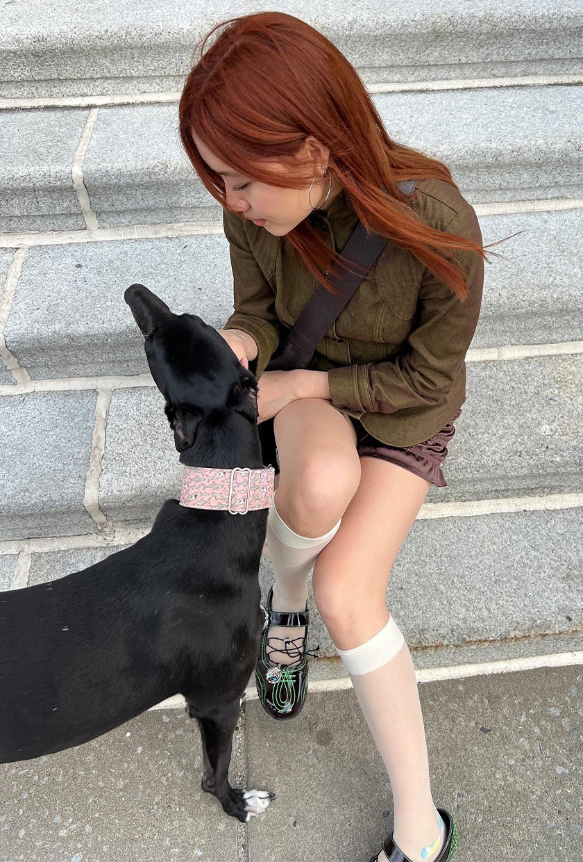 The best ballet sneakers are shown in a photo of a woman sitting outside on the steps with her dog wearing a green button-down shirt with a satin mini skirt, sheer white knee-high stockings, and black mary jane ballet sneakers