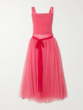 Elodie Shirred Grosgrain-Trimmed Tulle Midi Dress